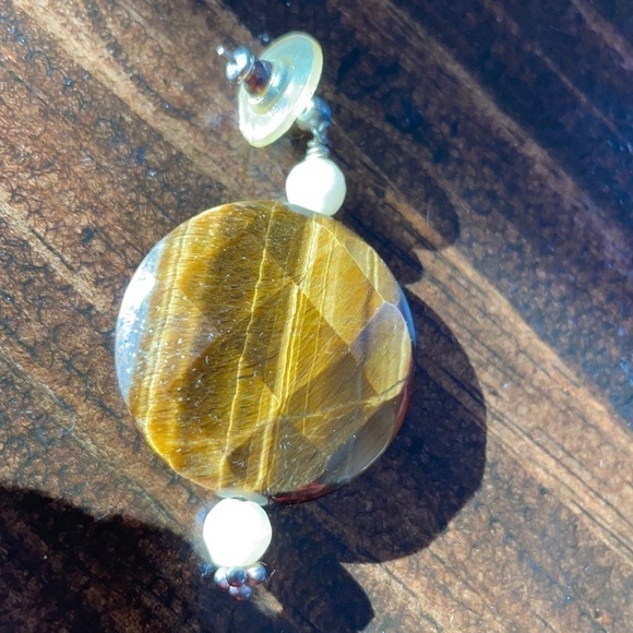 GENUINE Tiger’s Eye Drop Earrings w Cream Stone Large - Picture 5 of 5